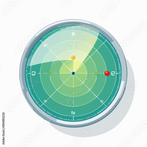Circular radar screen displaying navigation data with directional indicators and colored targets on a white background