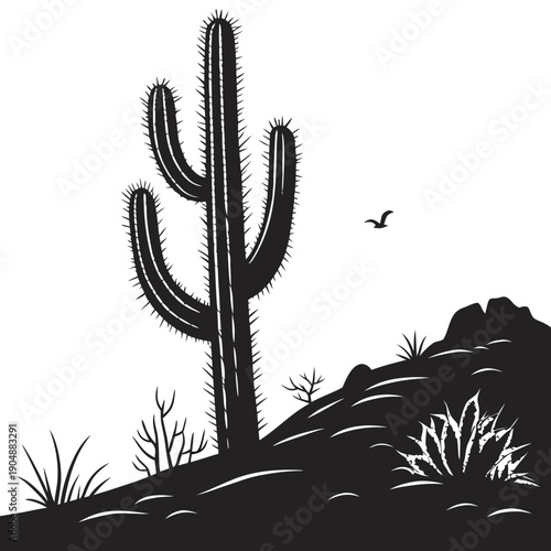 A solitary cactus stands tall on a desert hillside with a bird flying overhead