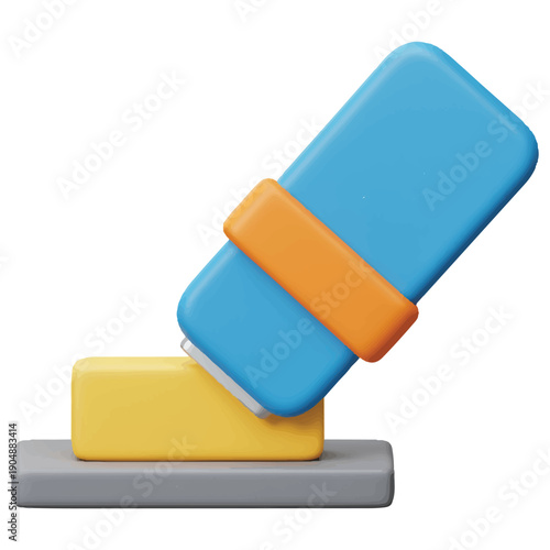 Colorful 3D illustration of rubber eraser on top of pencil sharpener and yellow eraser on white background for design and education