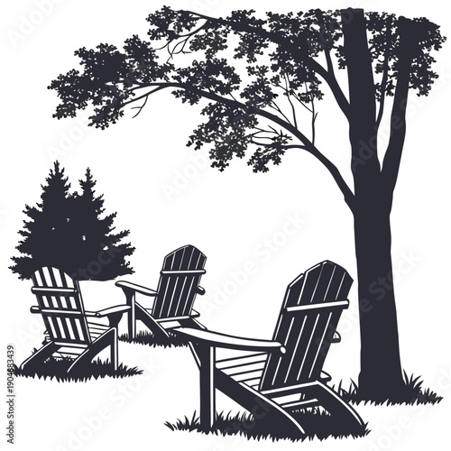 Two rocking chairs under a large tree on a sunny day with a bird on the branch