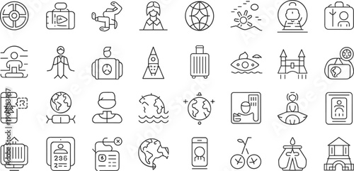 Travel and tourism line icons set, vacation transportation and adventure outline symbols isolated on white
