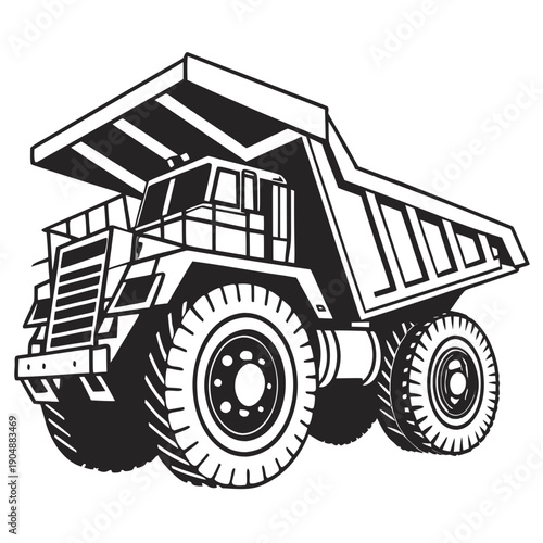 A detailed illustration of a large mining dump truck with an open cabin.