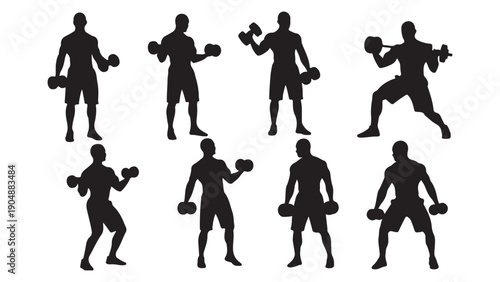 Dynamic Fitness Training Silhouettes with Dumbbells in Flat Design Vector Illustration