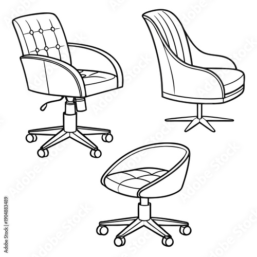 Three distinct office chairs with unique designs and features