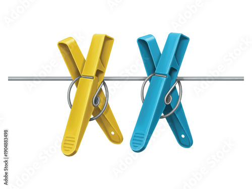 Colorful plastic clothespins hanging on a metal wire  laundry clips isolated on white background