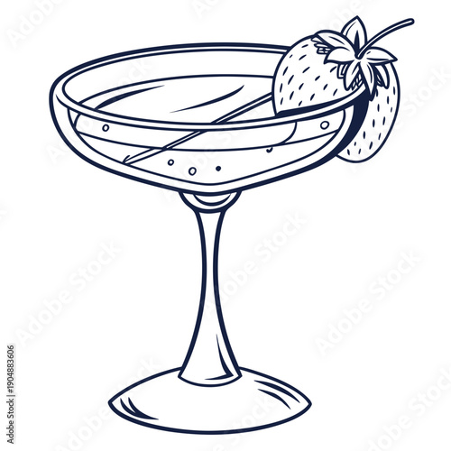 A delicate glass filled with a refreshing strawberry dessert topped with a fresh strawberry