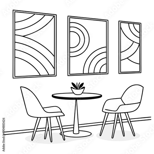 Minimalist living room with three abstract art pieces and modern furniture