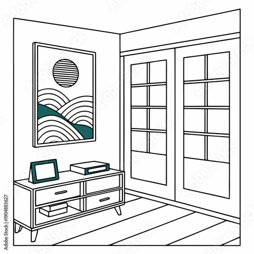 Minimalist living room with modern furniture and sliding glass doors.