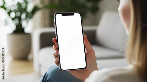 Hand holding mobile smartphone with blank white screen mockup in modern living room interior background for app design website presentation display copy space for branding marketing ads
