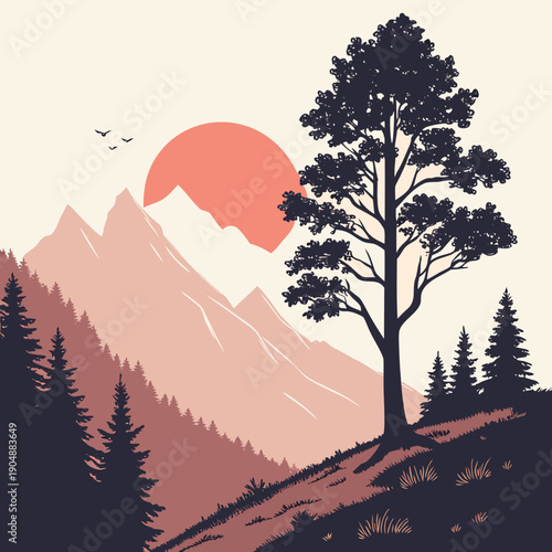 A serene landscape with a lone tree under a vibrant sunset sky