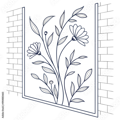 Elegant black and white illustration of a flowering plant on a brick wall