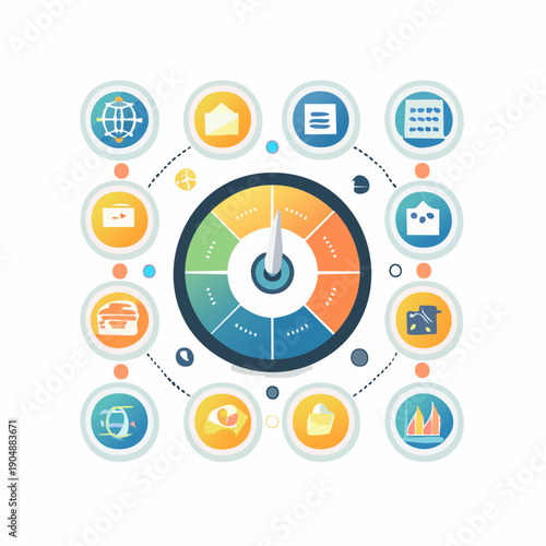 Interactive circular interface with a central dial and surrounding for global communication, data analysis, and business operations