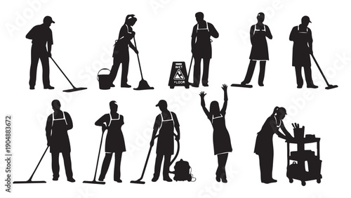 Diverse Cleaning Team with Equipment Flat Design Vector Illustration for Workplace Hygiene