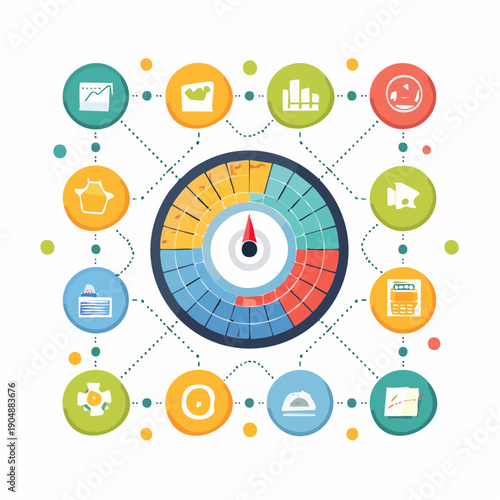 Dynamic circular dashboard with a speedometer-like gauge and surrounding representing diverse business functions and analytical tools