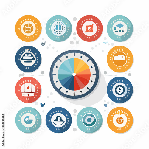 Comprehensive circular diagram featuring a central dial and surrounding for diverse business concepts, data visualization, and global connectivity