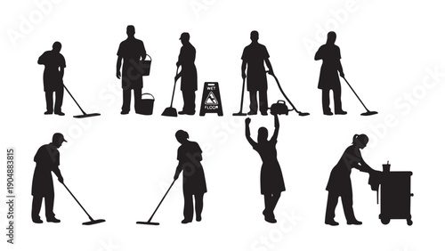 Flat Design Vector Illustration of People Cleaning and Organizing Workspace with Brooms and Tools