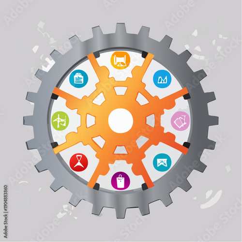 Interconnected gear system with diverse industry representing innovation, technology, and business processes in a modern style