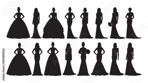Elegant Silhouette Women in Evening Gowns Fashion Vector Illustration Flat Design