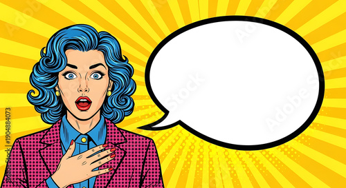 Stylish woman with blue hair thinking speech bubble pop art vector illustration retro comic style bright yellow background