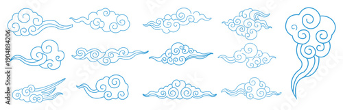 Chinese cloud elements with asian decorative line art vector set.