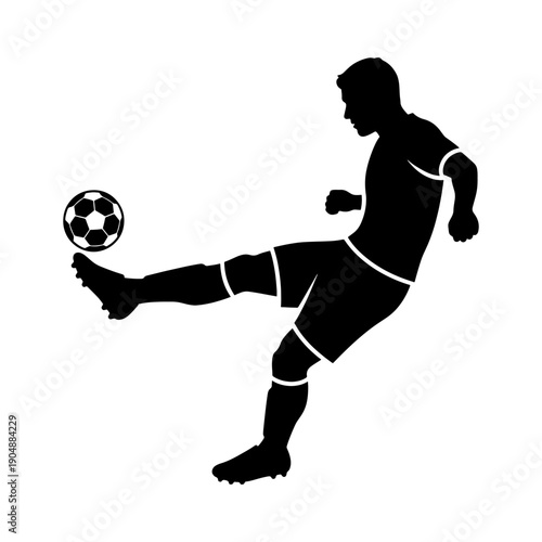 A soccer player in mid kick with a ball dynamic action silhouette