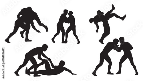 Vector silhouettes of people including dancing , men, , and children in active poses for sports, fun, and fighit