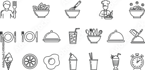 Collection of restaurant and professional cooking line icons featuring chef, cloche, and healthy meals.
