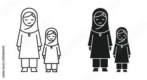 Muslim Mother and Daughter Illustration, Black and White, Simple Design