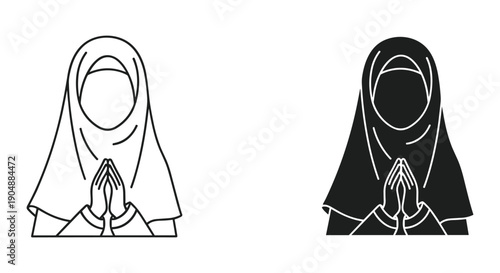 Woman in Hijab Praying in Meditation, Black and White Illustration, Spiritual Serenity