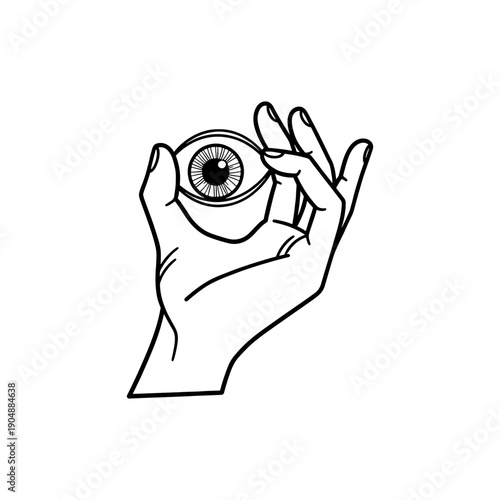 A detailed hand delicately holds a realistic human eye a striking silhouette