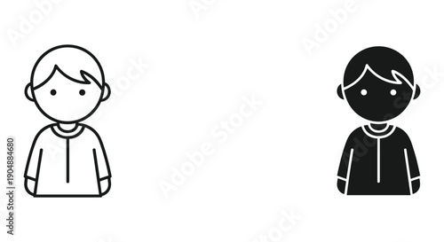Simple black and white illustration of two boys standing together, minimalist design