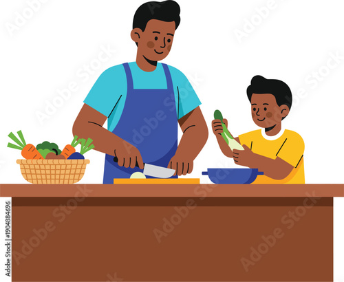 Flat vector illustration of a Black father and son cooking a healthy meal together in the kitchen.