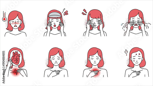 Women Emotions and Mental Health Concept Icons, Stress and Self Care Vector Illustration