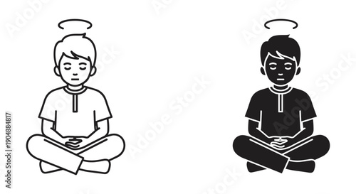 Diverse Children Meditating in Lotus Position with Halos, Simple Line Art