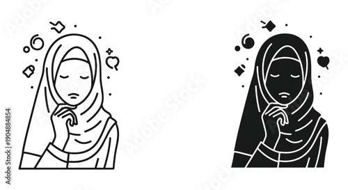 Woman in Hijab Praying with Spiritual Symbols Around Her in Simple Line Art