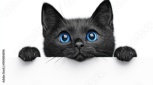 Playful Black Kitten with Bright Blue Eyes Peeking Over White Surface