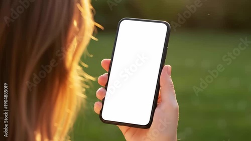 Hand holding mobile smartphone with blank white screen mockup in nature park outdoors during golden hour sunset light for app design website display copy space branding marketing
