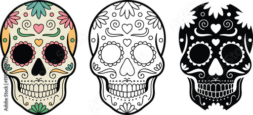 Sugar skull silhouette & Outline and illustration set isolated on transparent background