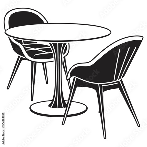 Modern black chairs and round table with minimalist design in a white background
