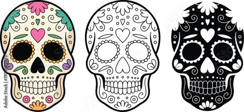 Sugar skull silhouette & Outline and illustration set isolated on transparent background