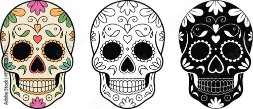 Sugar skull silhouette & Outline and illustration set isolated on transparent background