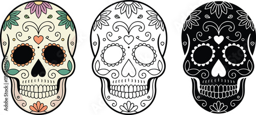 Sugar skull silhouette & Outline and illustration set isolated on transparent background