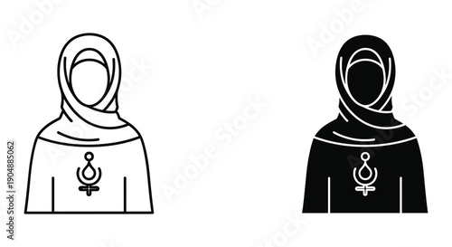 Minimalist illustrations of women wearing hijab with female symbol on chest, black and white, simple design