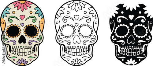 Sugar skull silhouette & Outline and illustration set isolated on transparent background