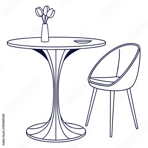 Modern white table and chair set with a vase of flowers on top