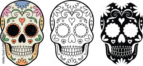 Sugar skull silhouette & Outline and illustration set isolated on transparent background