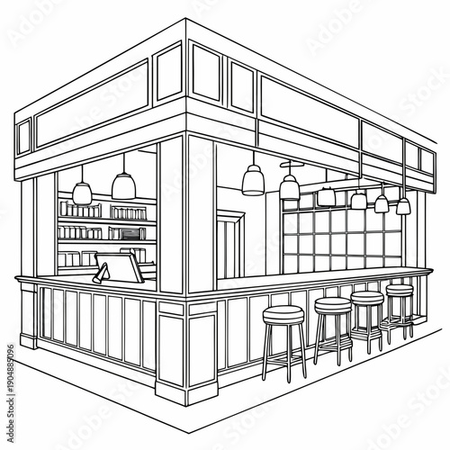 A detailed sketch of a bustling coffee shop with various seating arrangements and a counter.