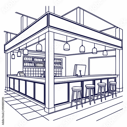 A detailed sketch of a modern restaurant interior with a bar and kitchen area