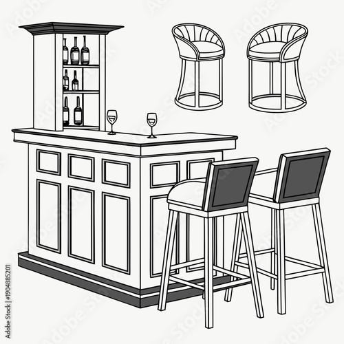 Modern kitchen island with chairs and bar stools in a spacious dining area