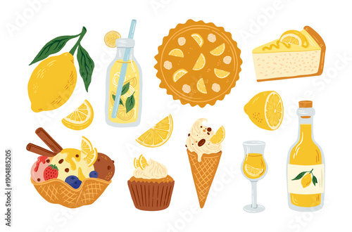 Summer lemon desserts and drinks hand drawn vector icon set. Cartoon cheesecake, ice cream, gelato, cake, pie, lemonade bottle and limoncello liqueur illustration.